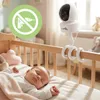 A baby monitor camera is attached to a crib next to a sleeping baby. A graphic indicating no drilling is present. Náhled obrázku produktu