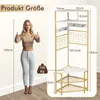 A woman stands next to a corner coat rack, with dimensions and weight capacity indicated. Podgląd zdjęcia produktu
