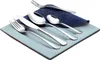 A set of stainless steel cutlery arranged on a light blue plate and a dark blue napkin. Produktbild-Vorschau