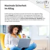 A woman is using a laptop with a credit card in hand, and there is promotional text above her. Produktbild-Vorschau