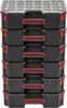A stack of black plastic storage boxes with red accents. Náhľad obrázku produktu