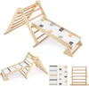A collage of images showing a wooden climbing triangle with a slide, and separate panels with different colored blocks.