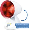 A white infrared lamp with a red bulb is shown on a white background. Blue arrows indicate adjustability, and text overlays describe features. Produktbild-Vorschau