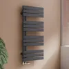 A modern anthracite radiator in a bathroom setting. Podgląd zdjęcia produktu