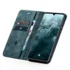 A teal flip case wallet for a smartphone is shown open, displaying cards and cash inside, with the smartphone screen visible. Produktbild-Vorschau