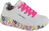 A single white Skechers sneaker with a colorful heart pattern on the sole and interior, and bright pink laces. Podgląd zdjęcia produktu
