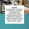A close-up of a coffee machine with a white overlay containing text about cleaning and maintenance instructions. Produktbild-Vorschau