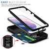 A phone case with a card slot is shown with a credit card being inserted. Produktbild-Vorschau