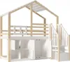 A white and natural wood loft bed with a house-shaped frame, a railing, and stairs, set against a white background. Voir les images du produit