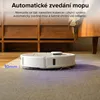 A white robotic vacuum cleaner is shown on a carpet in a living room setting. The image highlights the automatic mop lifting feature with text overlays. Produktbild-Vorschau