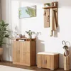 A hallway vignette featuring a set of wooden furniture including a shoe cabinet, shoe bench, and a wall-mounted coat rack with a mirror above. Voir les images du produit