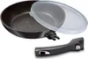 A frying pan with a lid and a detachable handle are displayed. Podgląd zdjęcia produktu