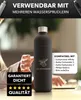 A person's hands are visible in the background, interacting with a laptop. A black water bottle with a silver cap is prominently displayed in the foreground. Produktbild-Vorschau