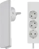 A white electrical extension cord with a three-socket power strip and a plug adapter. Produktbild-Vorschau