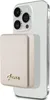 A white iPhone with a gold power bank attached to its back. Produktbild-Vorschau