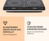 A split image showing a black induction cooktop on the top half and marketing text with icons on the bottom half. Produktbild-Vorschau
