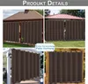 Collage of four images showing brown outdoor curtains installed on different patios and gazebos. Produktbild-Vorschau