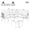 A line drawing diagram of a sectional sofa and coffee table with dimensions indicated by lines and numbers. Anteprima dell’immagine prodotto