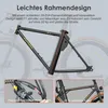 A close-up of an electric bicycle frame with text overlays highlighting its features. Produktbild-Vorschau