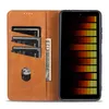 A brown leather wallet-style phone case with cards and a banknote inserted, shown open next to a smartphone displaying a colorful equalizer graphic. Produktbild-Vorschau