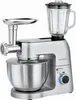 A silver multi-functional kitchen appliance with a mixer bowl, meat grinder attachment, and blender jug. Produktbild-Vorschau