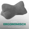 A grey, bone-shaped pillow is shown against a white and grey gradient background. Text overlays describe its features. Produktbild-Vorschau