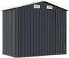 A dark gray metal garden shed with a white roof and trim, shown from the front and side. Náhled obrázku produktu