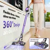 A person is using a cordless vacuum cleaner in a modern kitchen setting, with text overlays highlighting product features. Produktbild-Vorschau