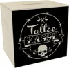 Spardose aus Holz mit coolen Tattoo-Motiven in schwarz - Produktbild-Vorschau 1