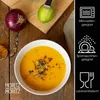 A bowl of soup is presented on a wooden table, with ingredients like a red onion and lime nearby. Informational icons are displayed on the right side. Produktbild-Vorschau