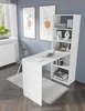 A white desk with integrated shelving unit in a room with blue walls and artwork. Voir les images du produit