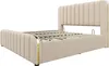 A beige upholstered bed frame with gold accents is shown against a white background. Produktbild-Vorschau