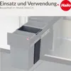 A diagram showing a trash bin insert within a cabinet. Voir les images du produit