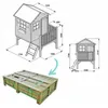 A collage of technical drawings and a photograph of a wooden playhouse on a pallet. Produktbild-Vorschau