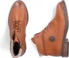 Two brown leather ankle boots are shown against a white background. One boot is viewed from the top, showing the laces and the fuzzy lining. The other boot is viewed from the side, showing the zipper and a circular logo. Produktbild-Vorschau