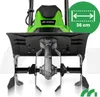 Close-up view of the lower part of a green and black electric garden tiller, showing the tines and the motor housing. Náhľad obrázku produktu