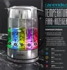 A close-up marketing image of a glass electric kettle with LED lights indicating different temperature settings. Podgląd zdjęcia produktu