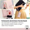 Collage showing a pink wallet with a detachable wrist strap, a person holding a laptop and a coffee cup, and close-ups of the wallet's features. Produktbild-Vorschau