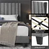 A collage of images showing a grey upholstered bed frame with a headboard, close-ups of the headboard, bed frame construction, and bed legs. Produktbild-Vorschau