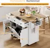 A white kitchen island with a wooden countertop, featuring drawers, cabinets, and shelves, with food items and flowers on top. Náhled obrázku produktu