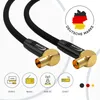 A black coaxial cable with gold-plated connectors, shown with icons representing different digital TV and radio standards. Produktbild-Vorschau