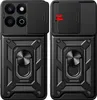 Two views of a black phone case with a camera cover and a ring stand. Produktbild-Vorschau