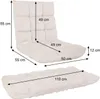 A floor chair and its flattened form are shown with dimensions indicated by arrows and text. Produktbild-Vorschau