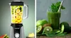 A split image showing a blender filled with fruit on the left and a finished smoothie with ingredients on the right. Produktbild-Vorschau