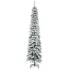 A tall, slender artificial Christmas tree with flocked branches, standing on a black metal stand against a white background. Produktbild-Vorschau