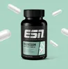 A bottle of ESN Magnesium Bisglycinate Complex capsules is shown against a light green background, with several loose capsules scattered around it. Produktbild-Vorschau