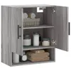 A gray wooden cabinet with two doors, open to reveal shelves with toiletries and towels. Produktbild-Vorschau