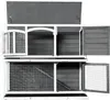 An open, multi-level wooden hutch for small animals, viewed from the front. Voir les images du produit