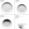 A collage of four images showing different sizes of white ceramic plates and a bowl, with dimensions listed for each. Produktbild-Vorschau