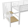 A close-up view of a white metal bunk bed with wooden steps, shown against a white background. Produktbild-Vorschau